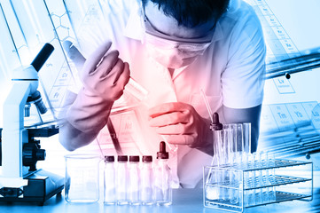 scientist with equipment and science experiments ,laboratory glassware containing chemical liquid, s