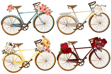 Poster - Cute vector set for invitation with bicycles and flowers