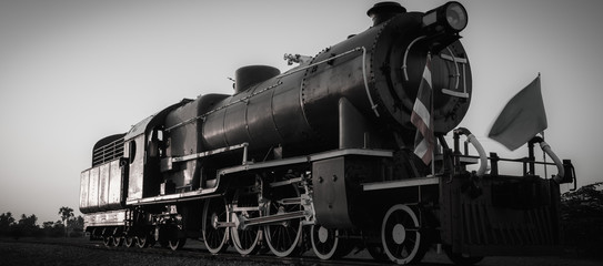 Black and white old steam locomotive in Thailand.