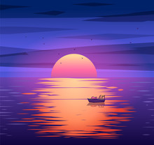 Fishing Boat Sunset Vector Background Concept