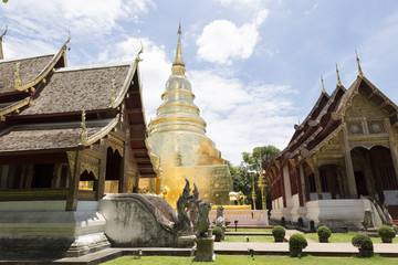 golden pagoda and sanctuary in buddhism temple