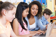 Teacher Helping Group Of Elementary School Children In Computer