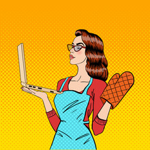 Young Housewife In Gloves And Apron With Laptop. Pop Art. Vector Illustration