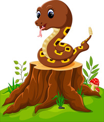 Poster - Cartoon funny snake on tree stump