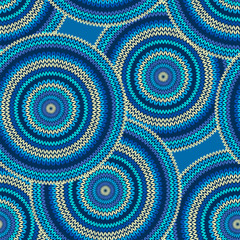 Blue Seamless Ethnic Geometric Knitted Pattern. Style Circle Background.