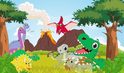 Cartoon group of dinosaur with the prehistoric background