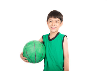 Wall Mural - Little boy playing greea basketball in green PE uniform sport  on white background