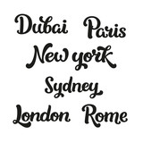 Fototapeta Miasta - Vector font for design cards, prints, banners. Travel signs isolated on white background. Dubai, Paris, New york, Sydney, London and Rome