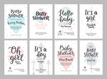 Baby Shower Girl And Boy Posters, Vector Templates. Baby Shower Pastel Invitations With Hearts, Arrows, Feathers And Hand Drawn Text On White Background