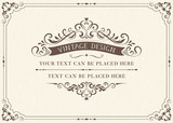 Fototapeta  - Ornate vintage card design with ornamental flourishes frame. Use for wedding invitations, royal certificates, greeting cards, menus, covers, posters, brochures and flyers. Vector illustration.