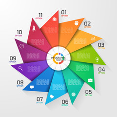 Windmill style circle infographic template for graphs, charts, diagrams. Business, education and industry concept with 11 options, parts, steps, processes.