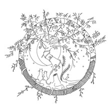 Round Imaginary Fictional World With A Tangled Old Willow Tree And Two Cats Gazing At The Full Moon And Stars. Adult, Grown-up Coloring Page For Print. EPS 10