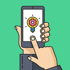 Wall Mural - hand holding smartphone with lightbulb, cog on screen. finger touch display. modern thin line flat d