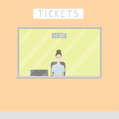 girl selling tickets at the box office on a light background