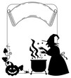 silhouette frame a witch preparing potion in the magic cauldron. Vector clip art.