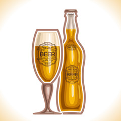 Wall Mural - Vector logo for glass cup and bottle beer, consisting of cup, filled to the brim light lager and pilsner bottle beer on a white background. On glass pint with alcohol drink label: Premium quality