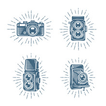 Retro Photo Cameras Set. Hand Drawn Vector Vintage Illustration.