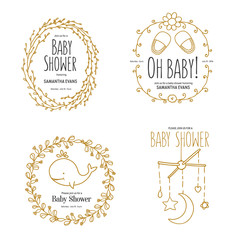 Baby shower invitation templates set. Hand drawn vintage illustration.