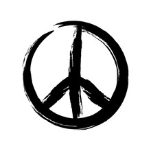 Sign Pacifist, Peace Symbol, Drawn By Hand With A Brush. Black Hippie Sign On A White Background.