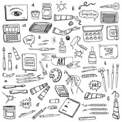 Hand drawn doodle Art and Craft tools icons set Vector illustration art instruments symbols collection Cartoon various art tools Brush Watercolor Paint Artist elements on white background Sketch