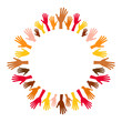 Diversity multicolored hands from empty center round frame.