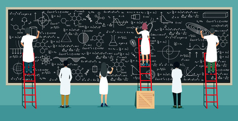 Wall Mural - Many scientists are thinking and writing on the blackboard.