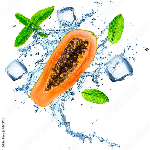 Fresh papaya in water splash. Buy this stock photo and explore