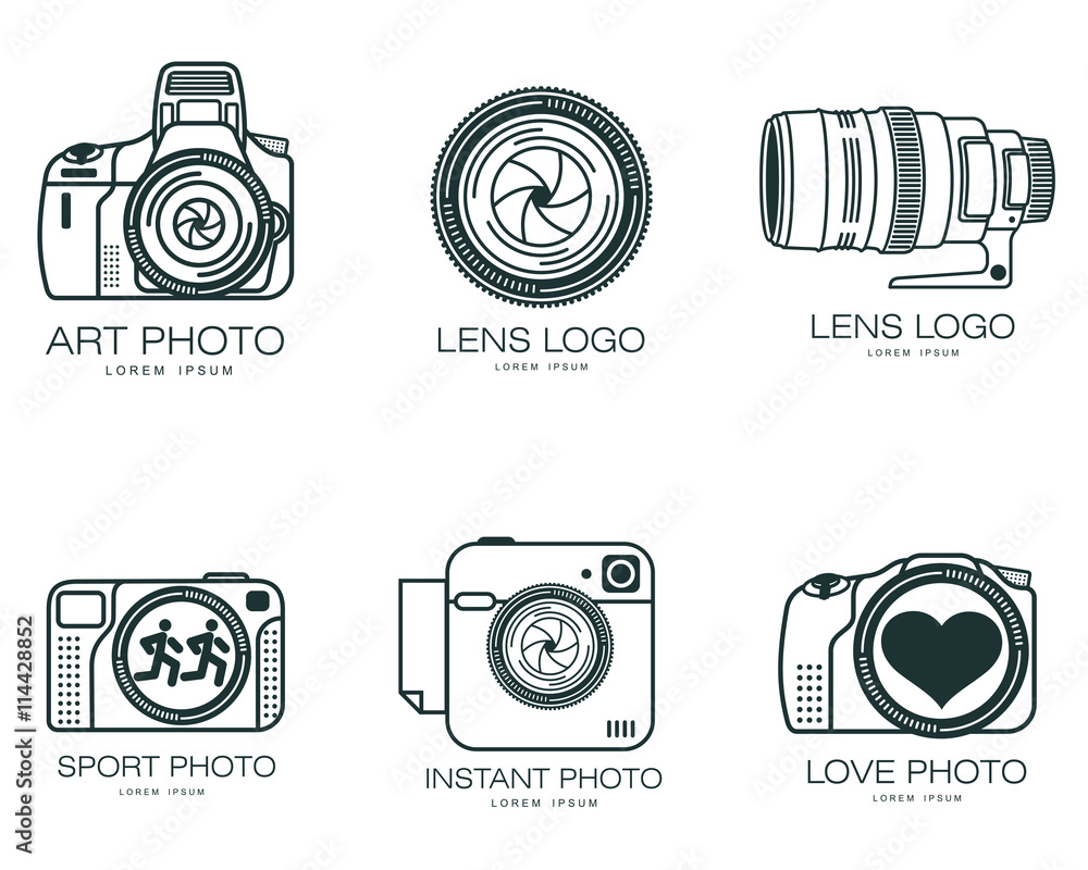 set of logos with the camera lens, vector simple illustration isolated on a white background, logo design camera, a set of lenses and camera design for photo studios and photographic
