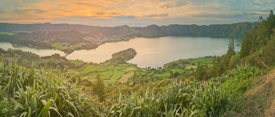 Wall Mural - mountain landscape with hiking trail and view of beautiful lakes, ponta delgada, sao miguel island, 