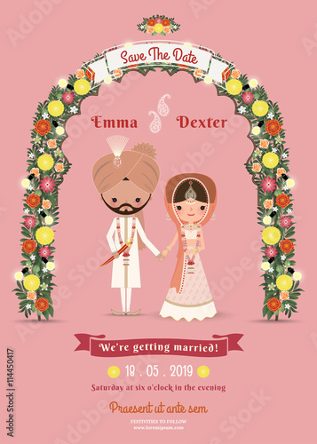 Indian Wedding Bride Groom Cartoon Romantic Pink Invitation Ca