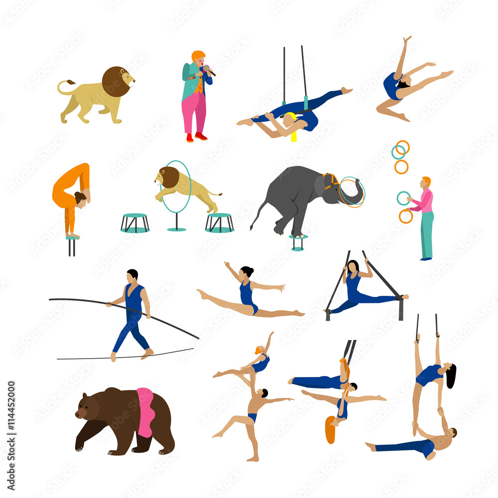 Vector set of circus artists, acrobats and animals isolated on white ...