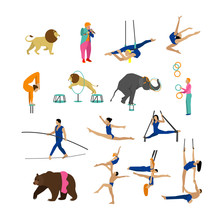 Vector Set Of Circus Artists, Acrobats And Animals Isolated On White Background. Icons, Design Elements.