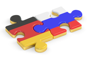 Russia and Germany puzzles from flags, relation concept. 3D rend