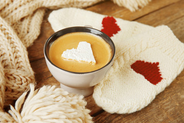 Canvas Print - Cup of coffee with marshmallow on wooden table