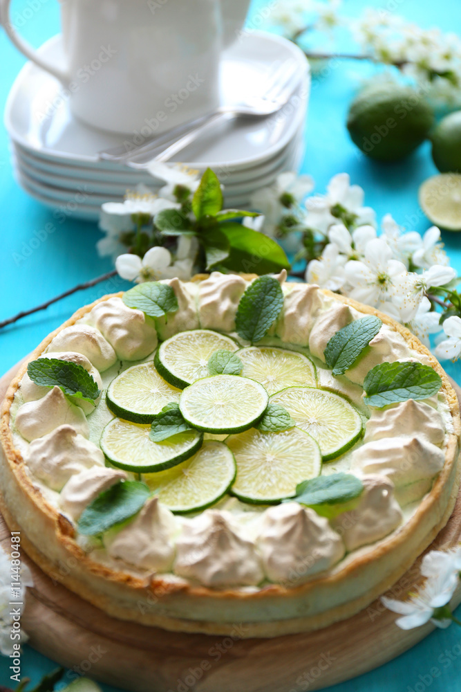 Tasty cake on wooden background