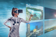 © Leo Lintang - Pretty asian woman wearing silver latex jumpsuit and VR headset inside virtual world