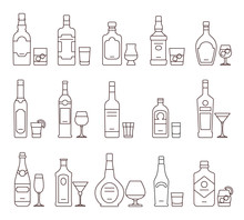 Alcohol Drink Beverages Outline Icons, Bottles And Glasses Thin Line Symbols. Beverage Alcohol Bottle And Glass, Illustration Set Of Beverage