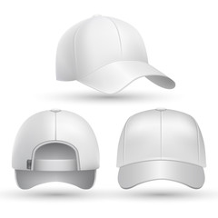 Sticker - Realistic baseball cap front, side, back views set. Fashion cap baseball for sport, mockup of white cap. Stock vector illustration
