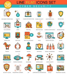 Aufkleber - Vector Cyber security flat line icon set. Modern elegant style design for web.