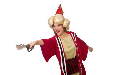 Woman wizard in red clothing isolated on white