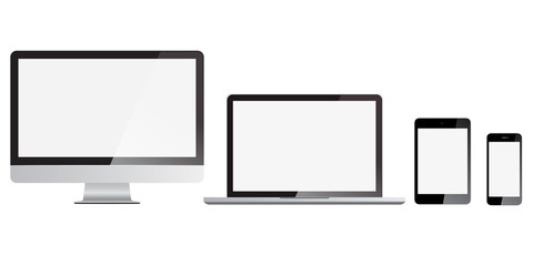Set of monitor, computer, laptop, phone, tablet isolated on a solid white background. Screen size concept for responsive or adaptive web design template. Realistic screen with shining effect.