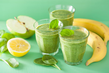 Wall Mural - healthy green spinach smoothie with apple lemon banana