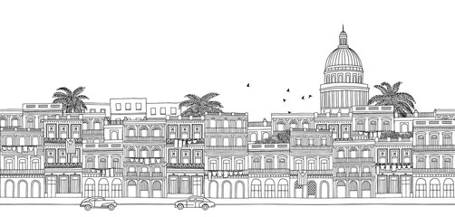 Sticker - Havana, Cuba - seamless banner of Havana's skyline, hand drawn black and white illustration