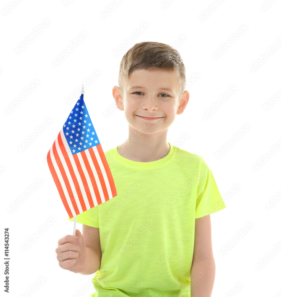 Boy and American flag on white background