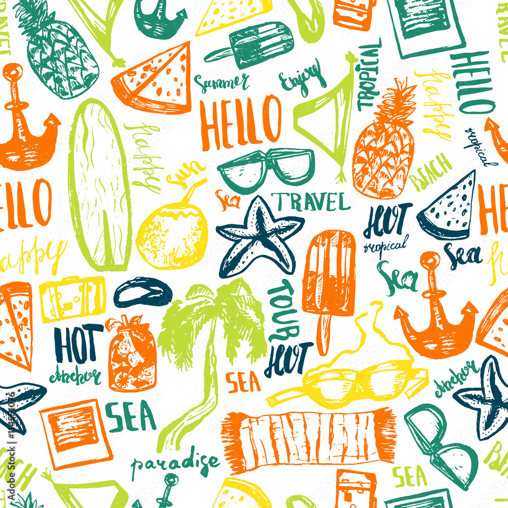 Summer beach seamless pattern. Hand drawn doodle vector symbols and ...