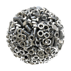 Wall Mural - sphere made from nuts and bolts. isolated on white background. 3D illustration.