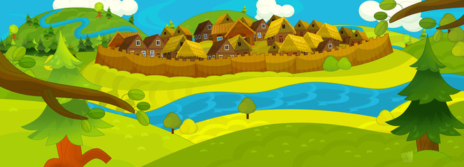 Cartoon scene - background for different usage - for game or book - old kind of village - illustration for children