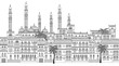 Yemen - Seamless banner of Sanaa's skyline, hand drawn black and white illustration with arabesque houses and mosque