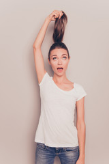 Poster - Comic portrait of young girl showing her hair tail