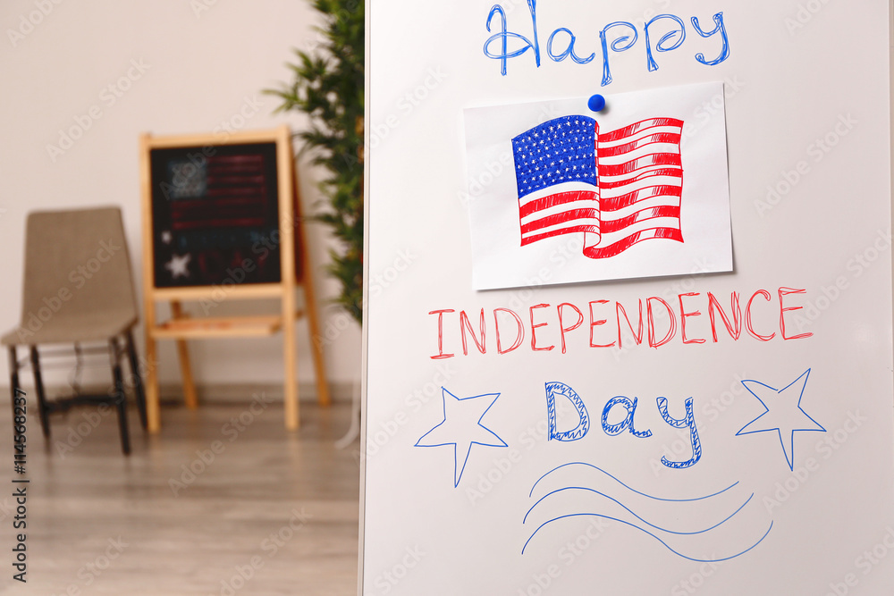 Child's drawing of American flag on flip chart